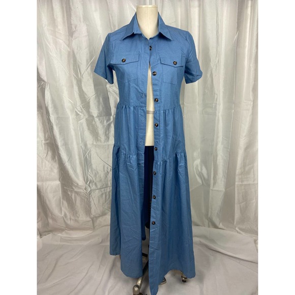 Chambray Tiered Button Down Dress - Picture 1 of 7